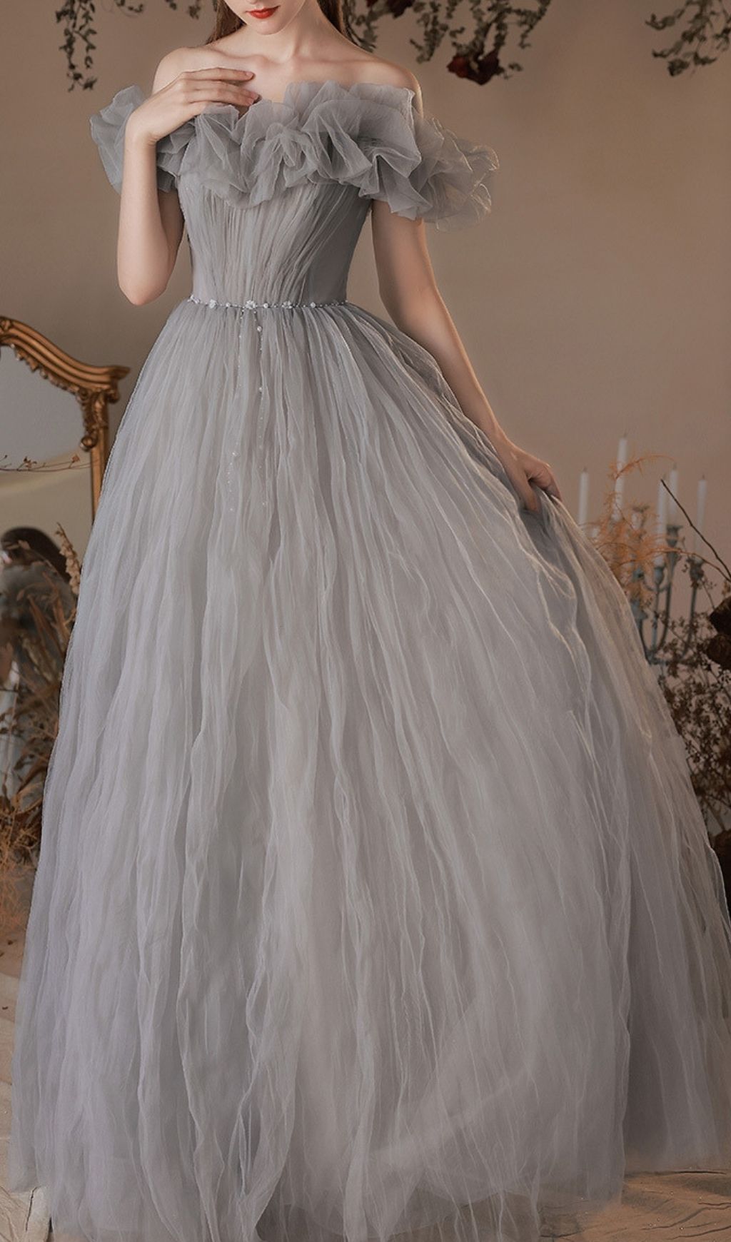 Fashionslee Women Kasey Grey Off-Shoulder Mesh Maxi Dress