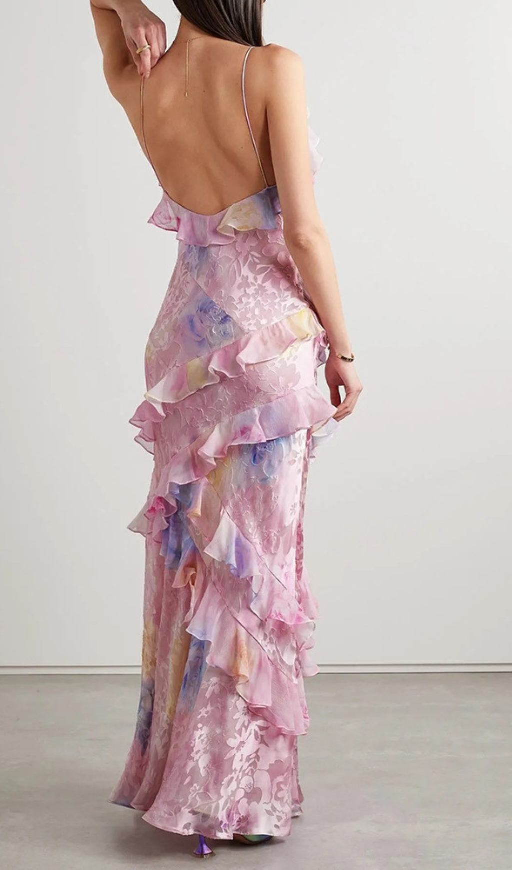 Fashionslee Women Brocha V-Neck Floral Ruffle Maxi Dress