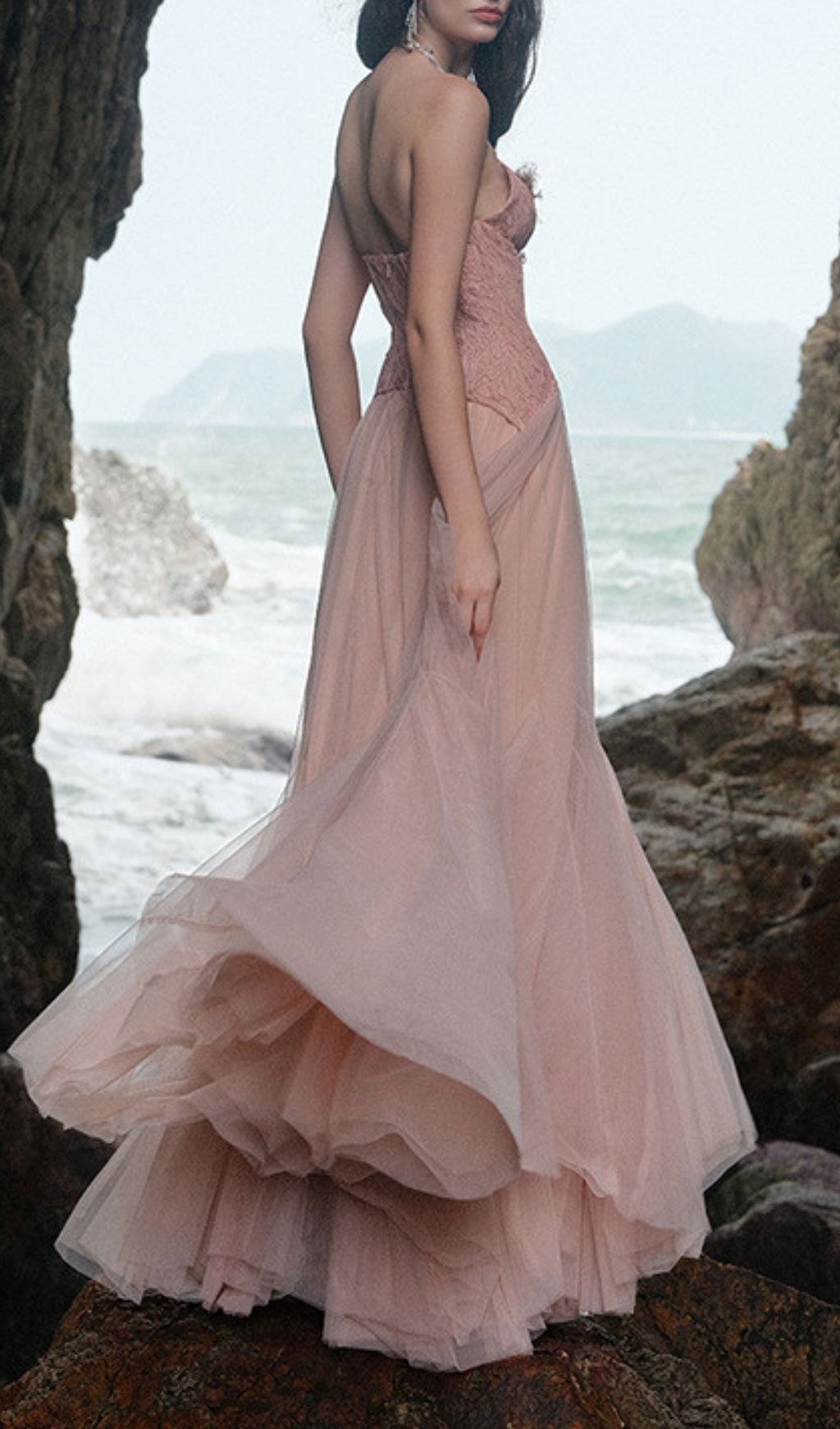 Fashionslee Women Finja Pink Strapless Corset Mesh Maxi Dress
