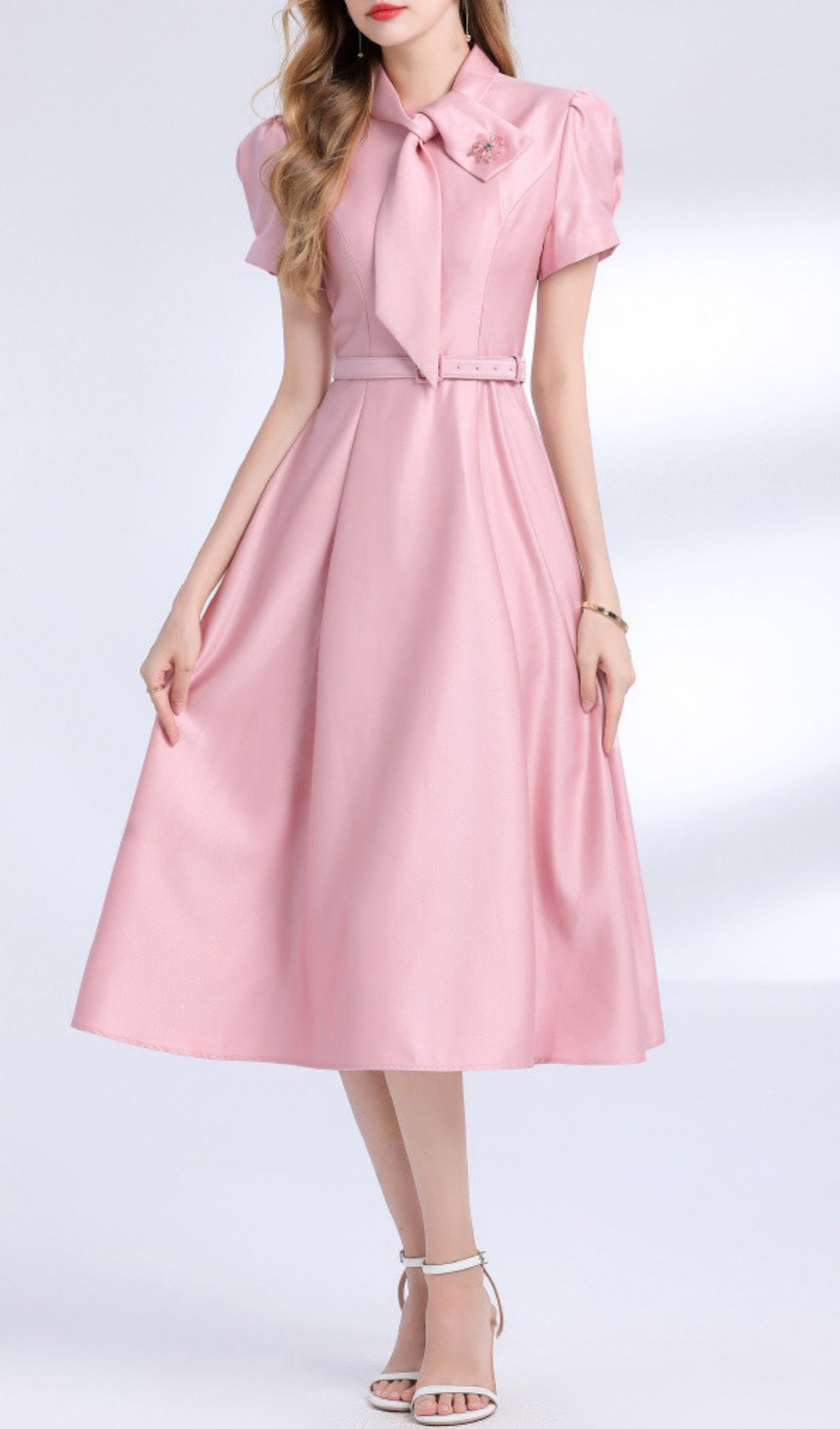 Fashionslee Women Funa Pink Bow Tie Midi Dress