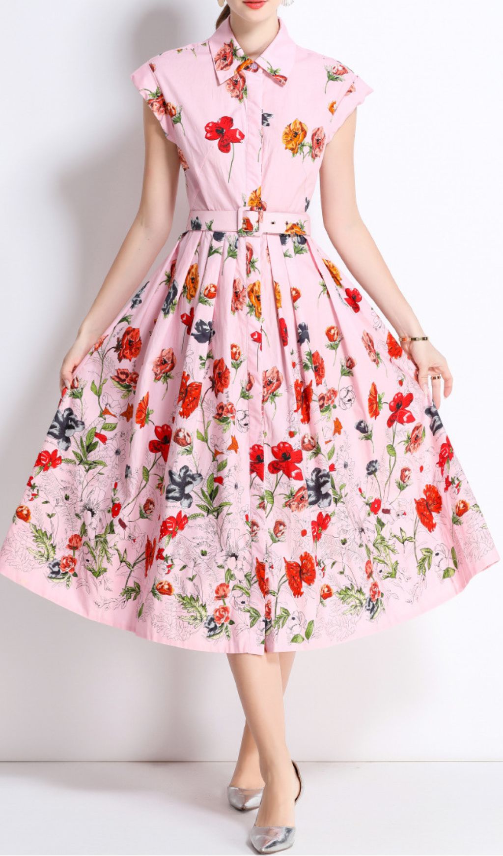 Fashionslee Women Fusca Pink Flower Printed Midi Dress