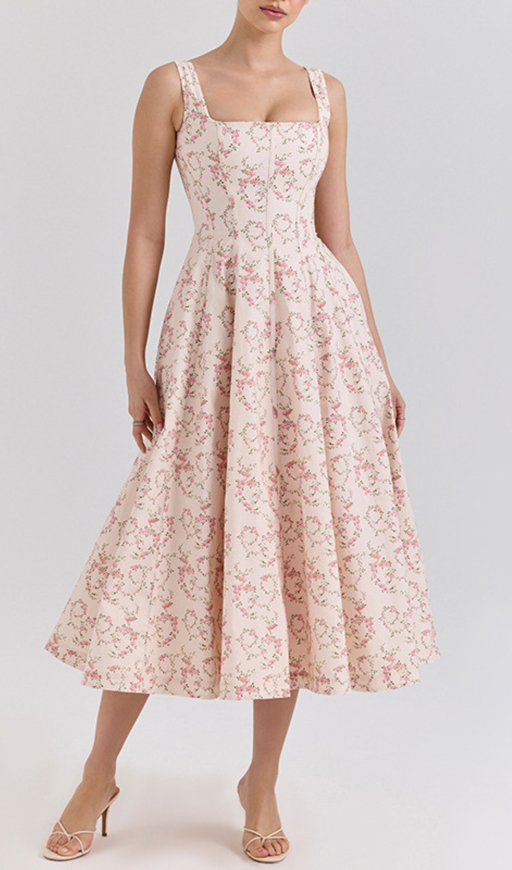 Fashionslee Women Erté Square Neck Floral Printed Midi Dress