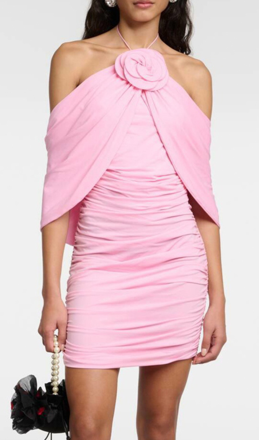 1d3f11217df2b6d589d0158aa3ee9e3a.jpg Fashionslee Women Brick Pink Halter Flower Draped Mini Dress