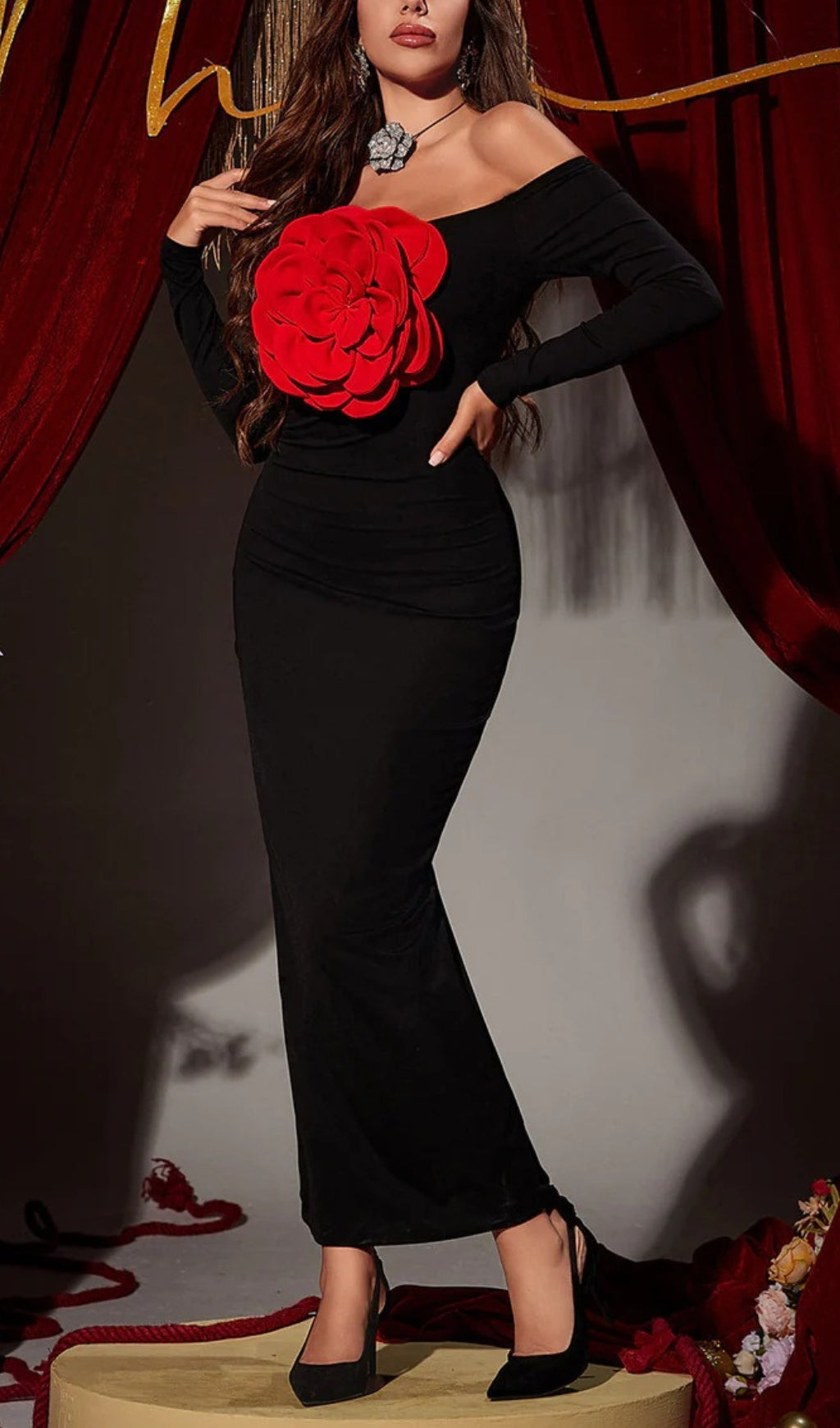 1d4937828c70ef93de326181e0977a89.jpeg Fashionslee Women Arlene Off Shoulder Red Flower Maxi Dress