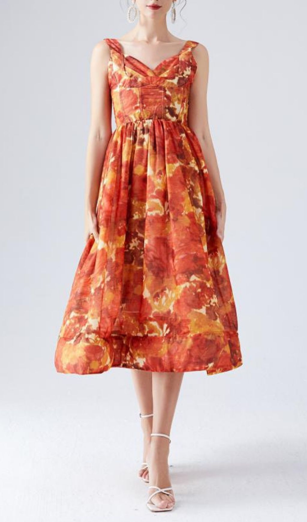 Fashionslee Women Kamana Orange Printed Midi Dress