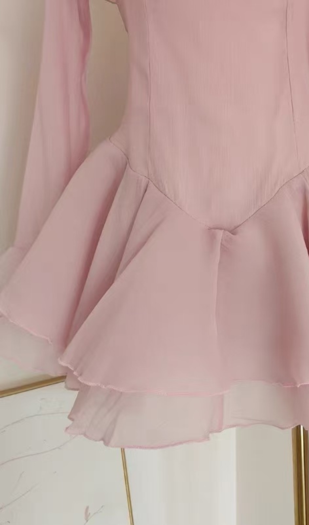 1d68deb86ab1976219483c1b7da51d89.jpg Fashionslee Women Brandee Pink Long Sleeve Ruffle Hem Mini Dress