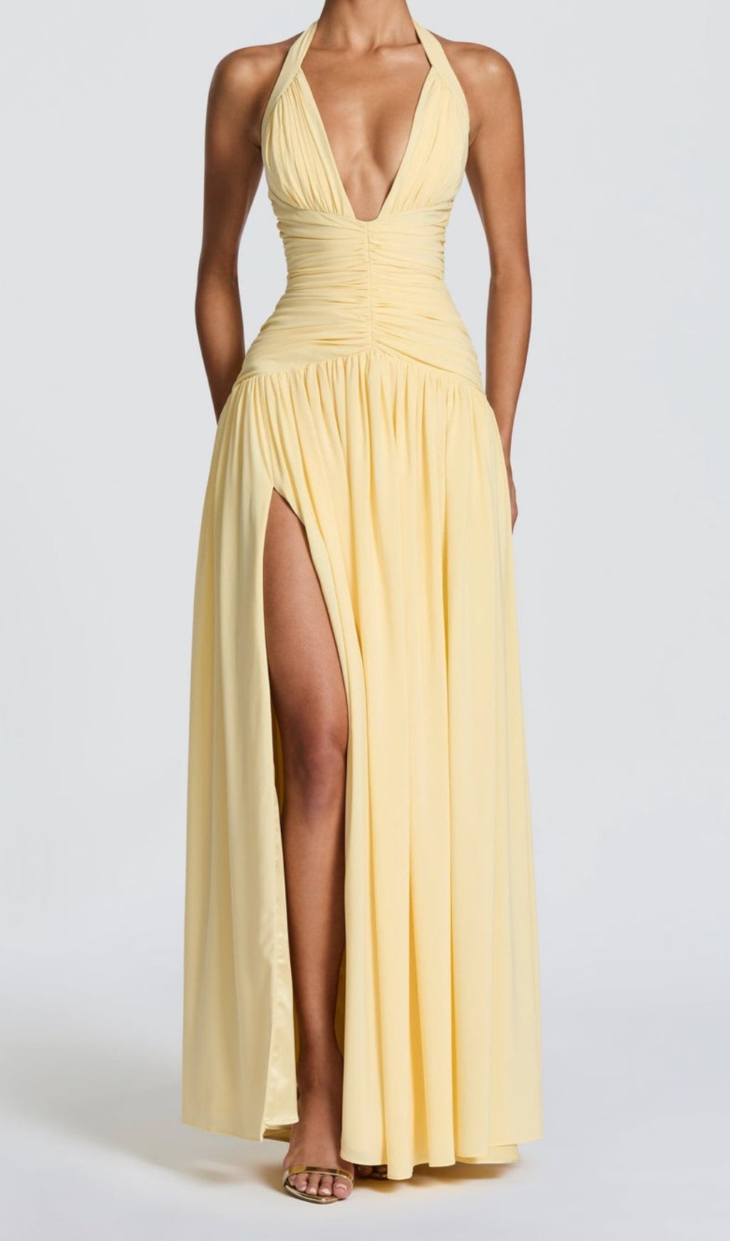 Fashionslee Women Kelley Yellow Halter Ruched Maxi Dress