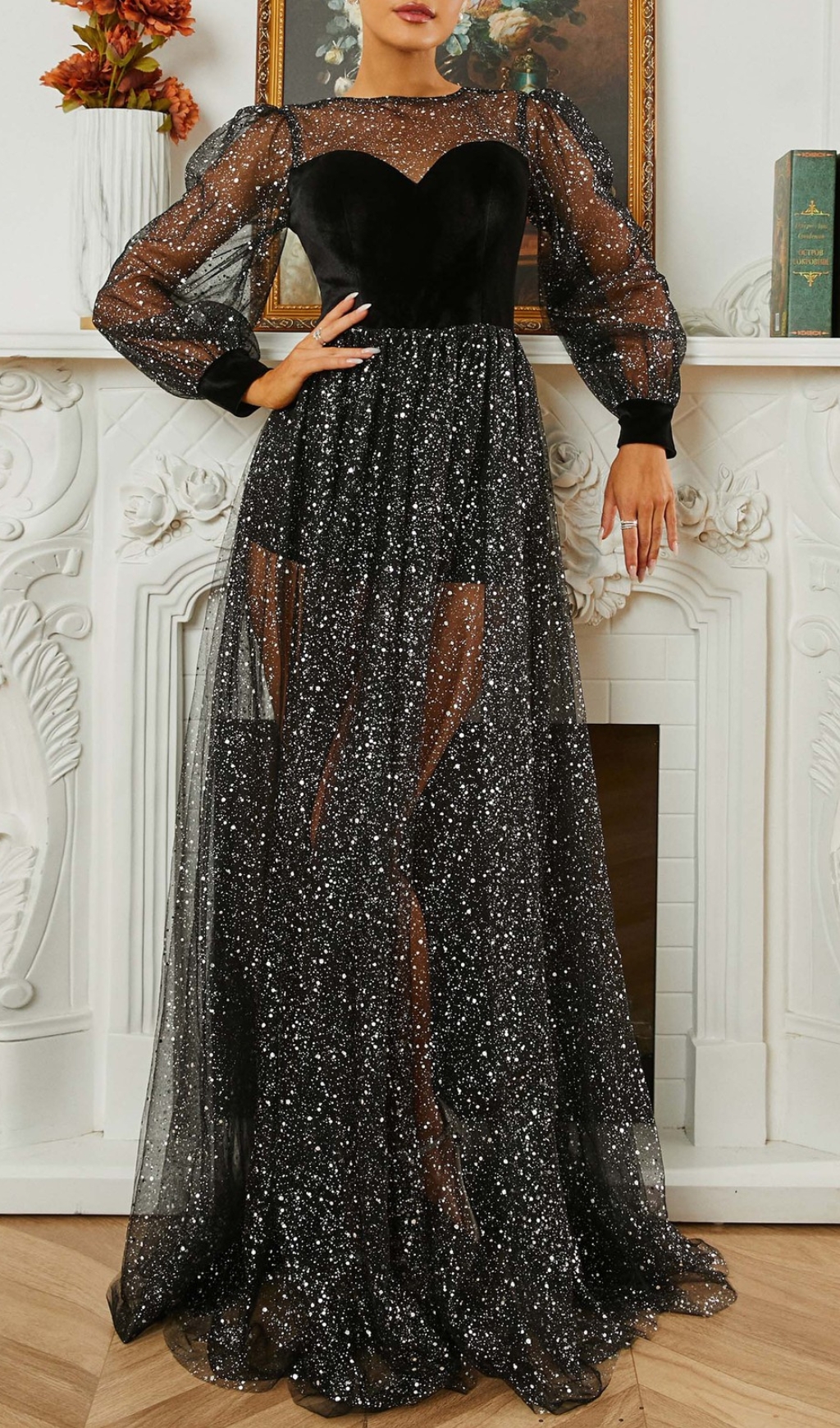 1d92aeeb3cd9d559144250ee7e83a4f3.jpg Fashionslee Women Catlyn Black Mesh Long Sleeve Maxi Dress