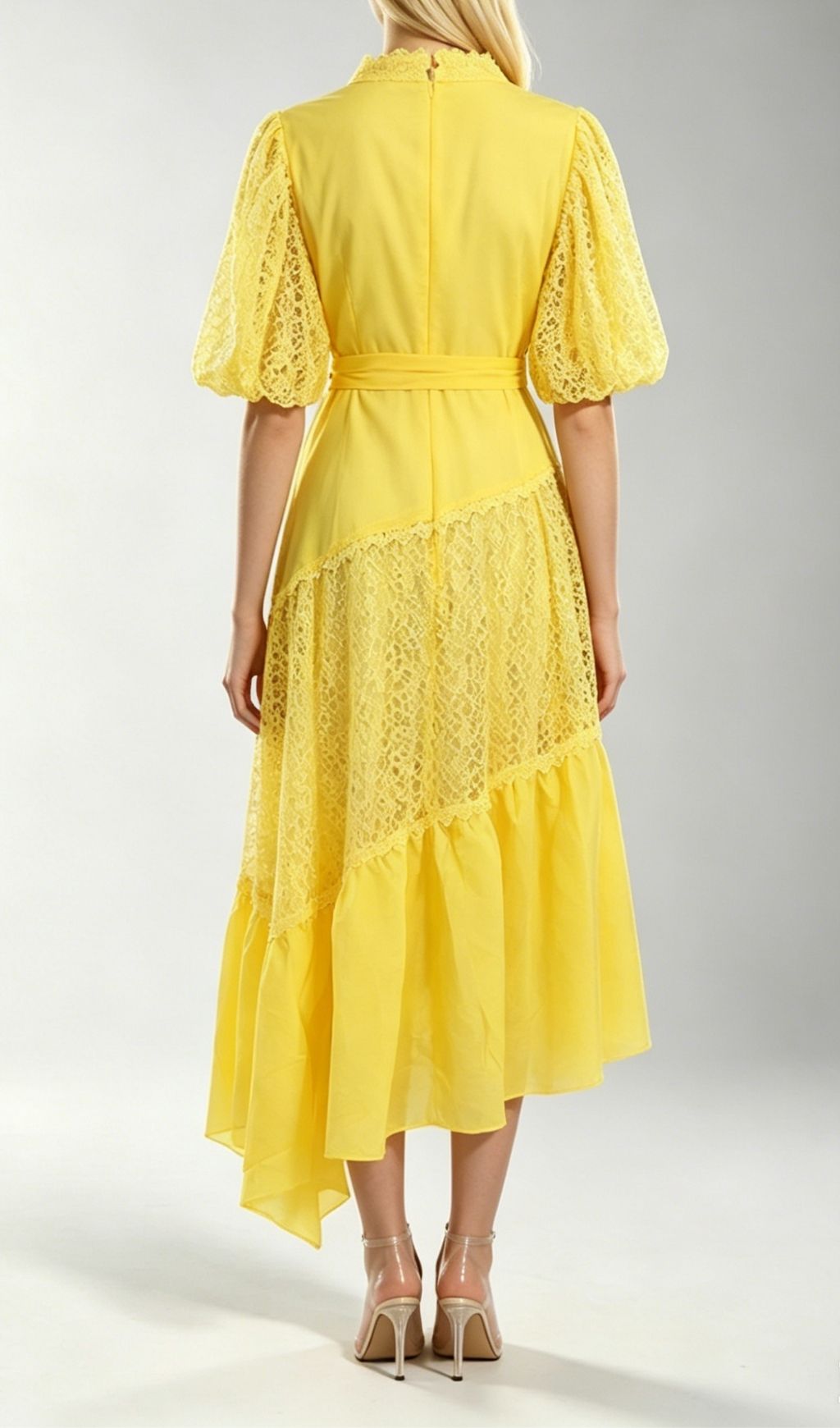 Fashionslee Women Klara Yellow Puff Sleeve Lace Midi Dress