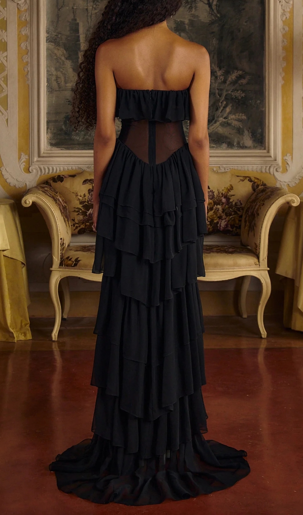 Fashionslee Women Angelie Black Ruffle Corset Maxi Dress