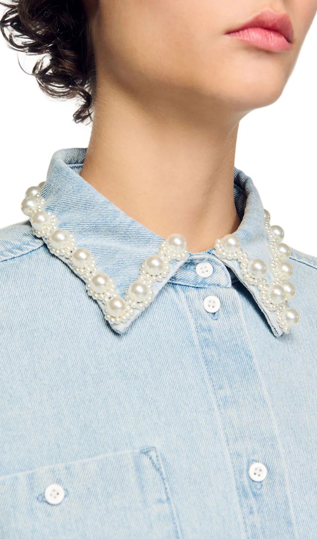 Fashionslee Women Beaded Collar Denim Shirt