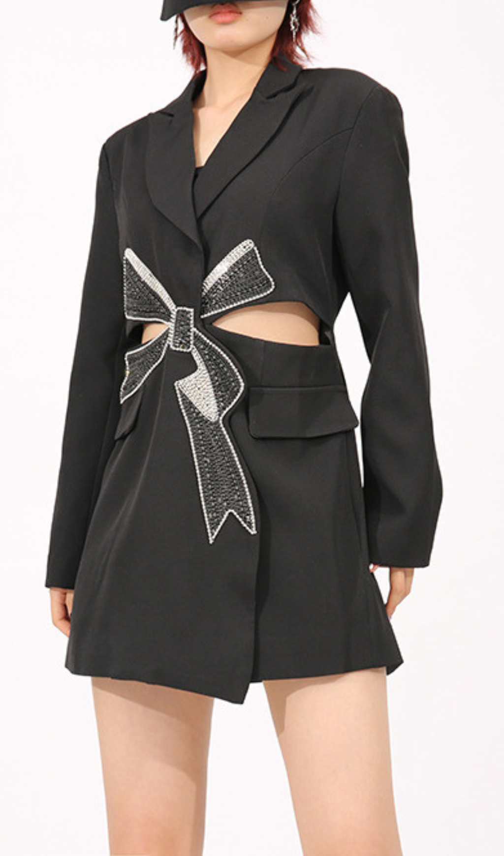 Fashionslee Women Farida Black Long Sleeve Diamante Bow Mini Blazer Dress