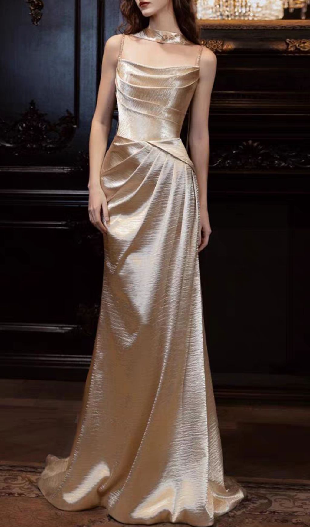 1de149e787dc1d9bf84d387c9b5b1084.jpg Fashionslee Women Hung Champagne Strappy Ruched Maxi Dress