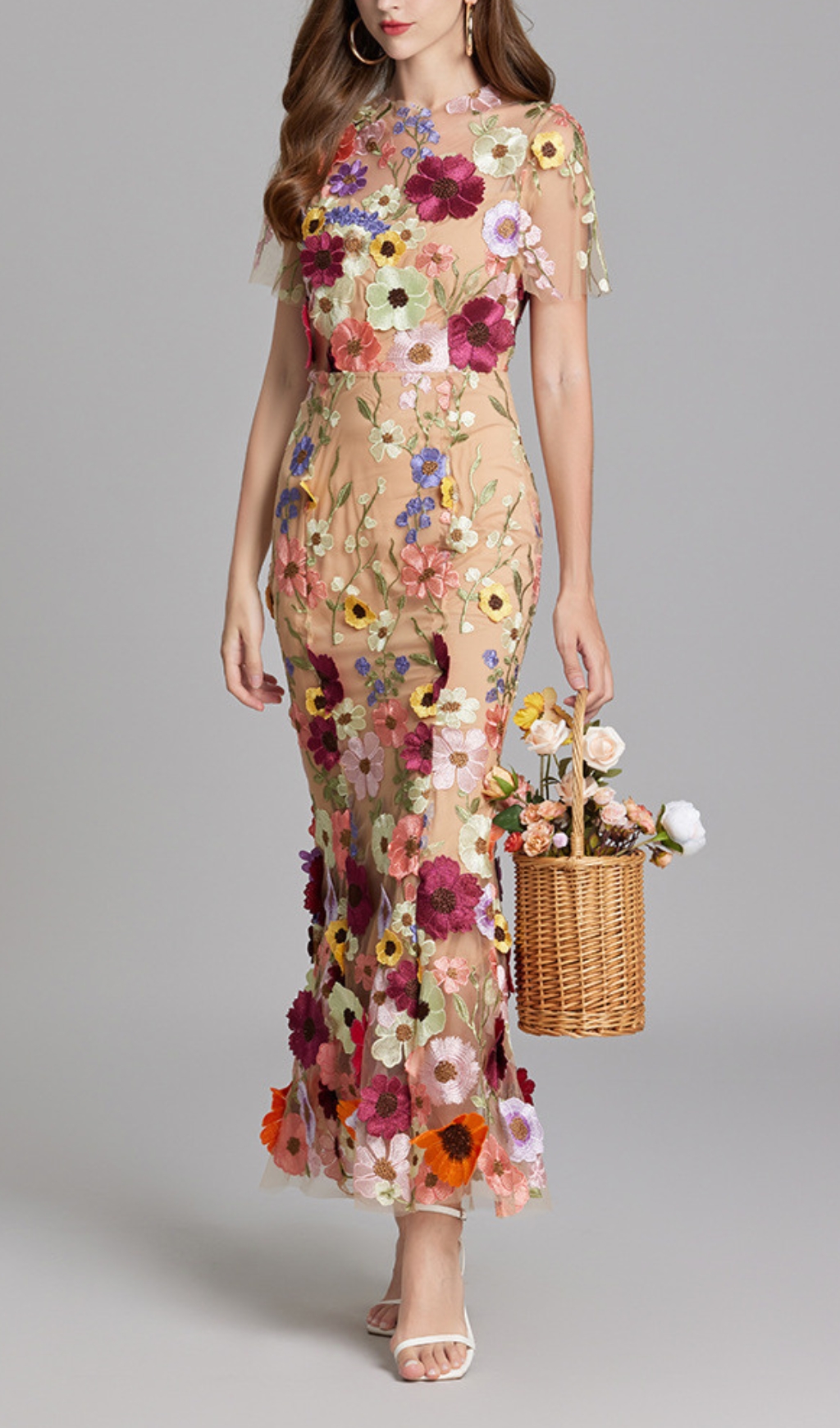 Fashionslee Women Carol Floral Embroidery Mesh Fishtail Midi Dress