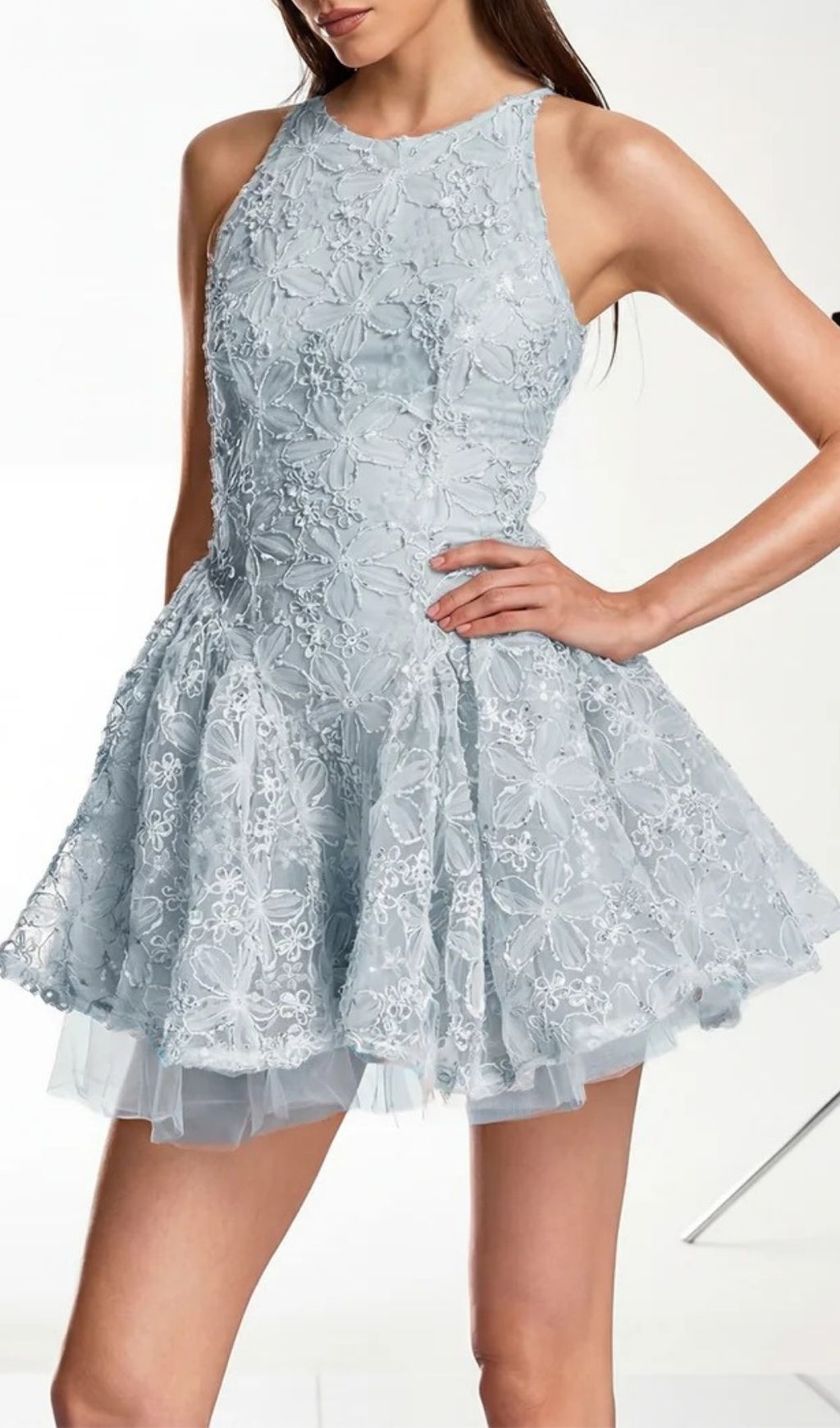 1e13170aff6000645aaaa754d52cfee3.jpg Fashionslee Women Katsumi Blue Halter Lace Flower Mini Dress