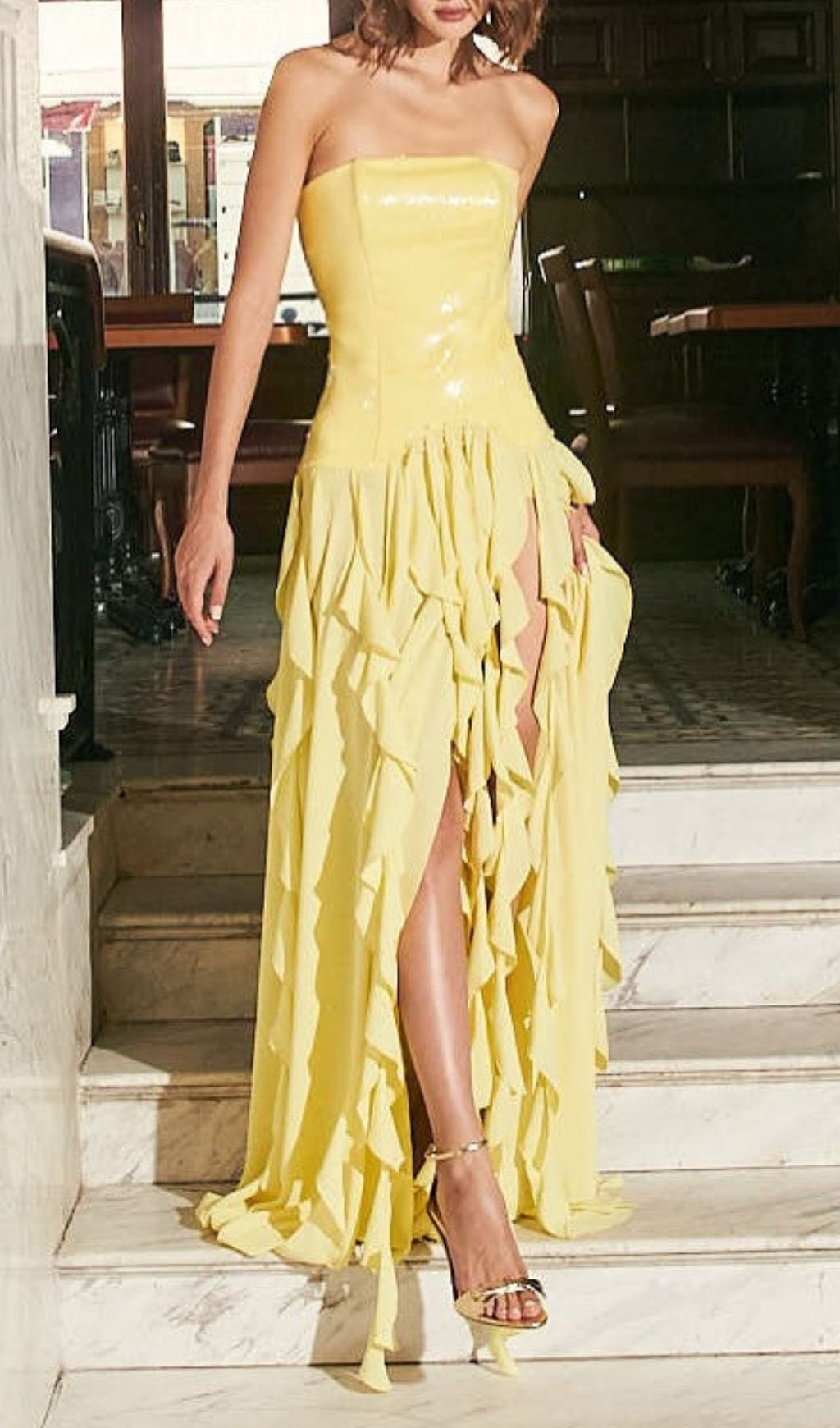 1e165ac8273c6dc83b6103f571b6b247.jpg Fashionslee Women Kalki Yellow Strapless Sequin Ruffle Maxi Dress