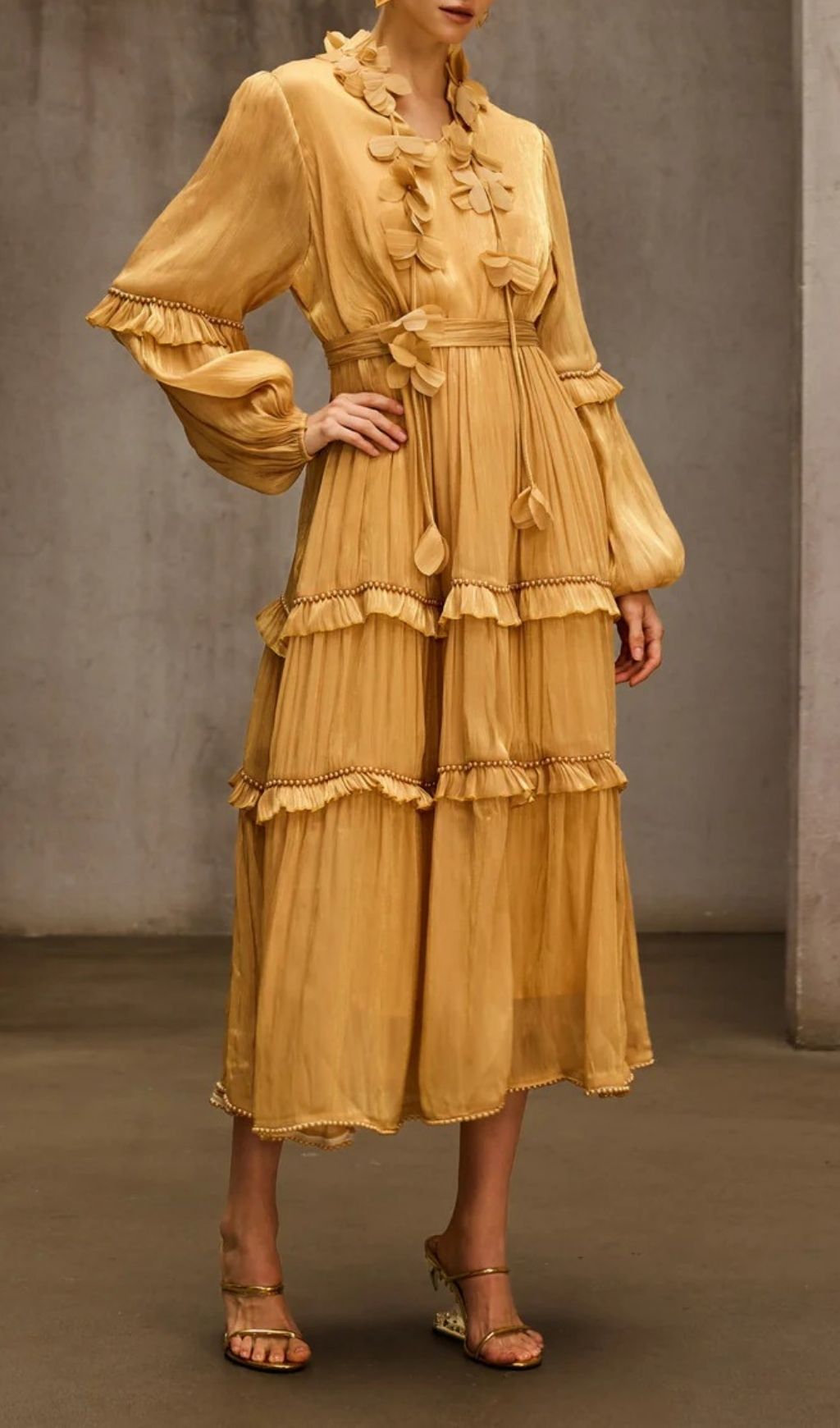 Fashionslee Women Dzon Balloon Sleeve Flower Midi Dress