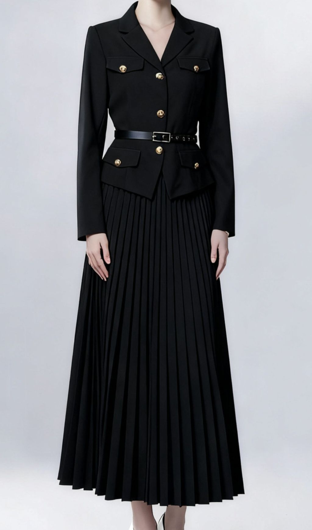 1e86f20e21a92777f00d11894c4dd270.jpg Fashionslee Women Ieva Black Blazer & Pleated Skirt Set