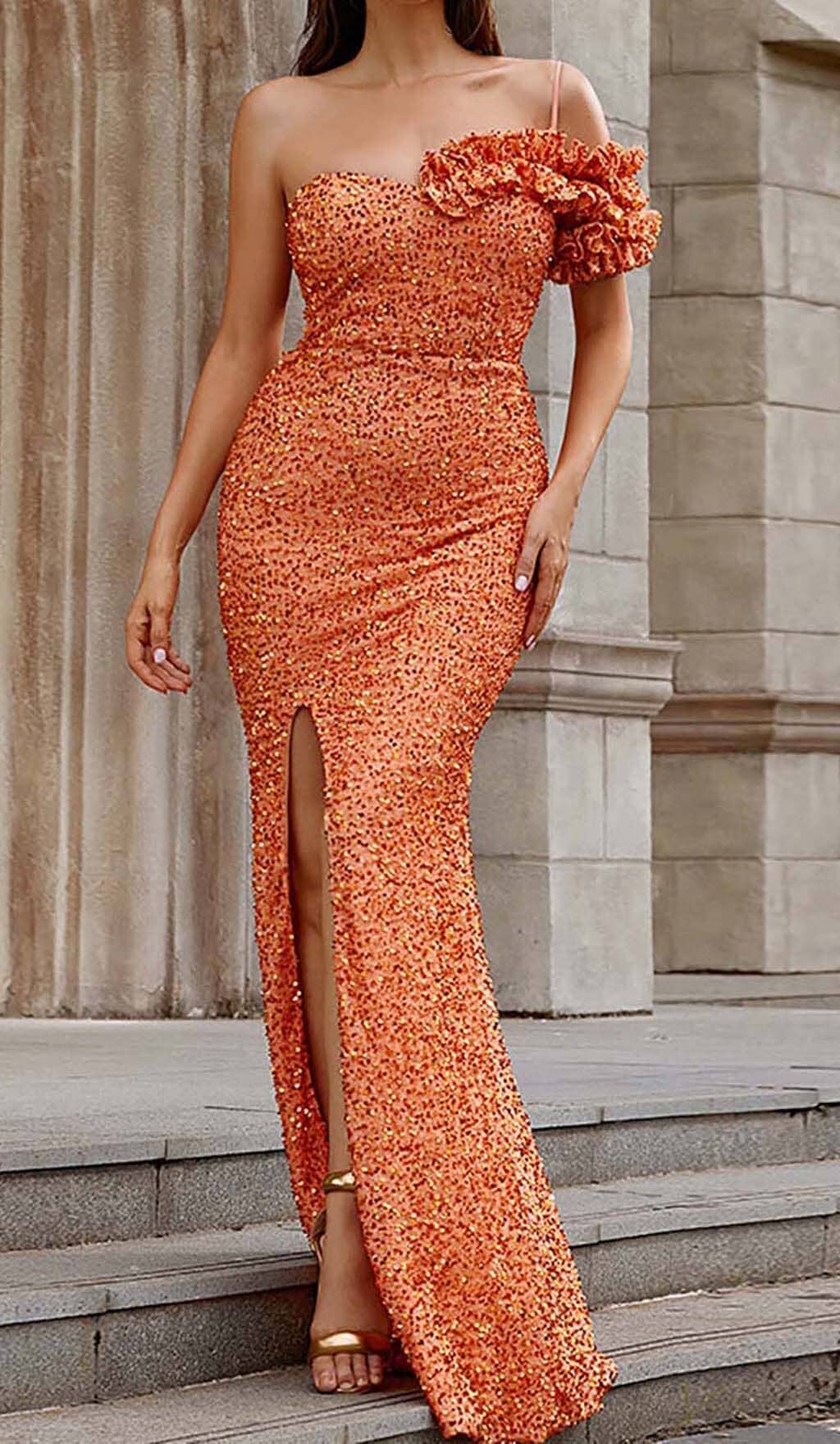 Fashionslee Women Ayn Orange Sequined Slit Maxi Dress
