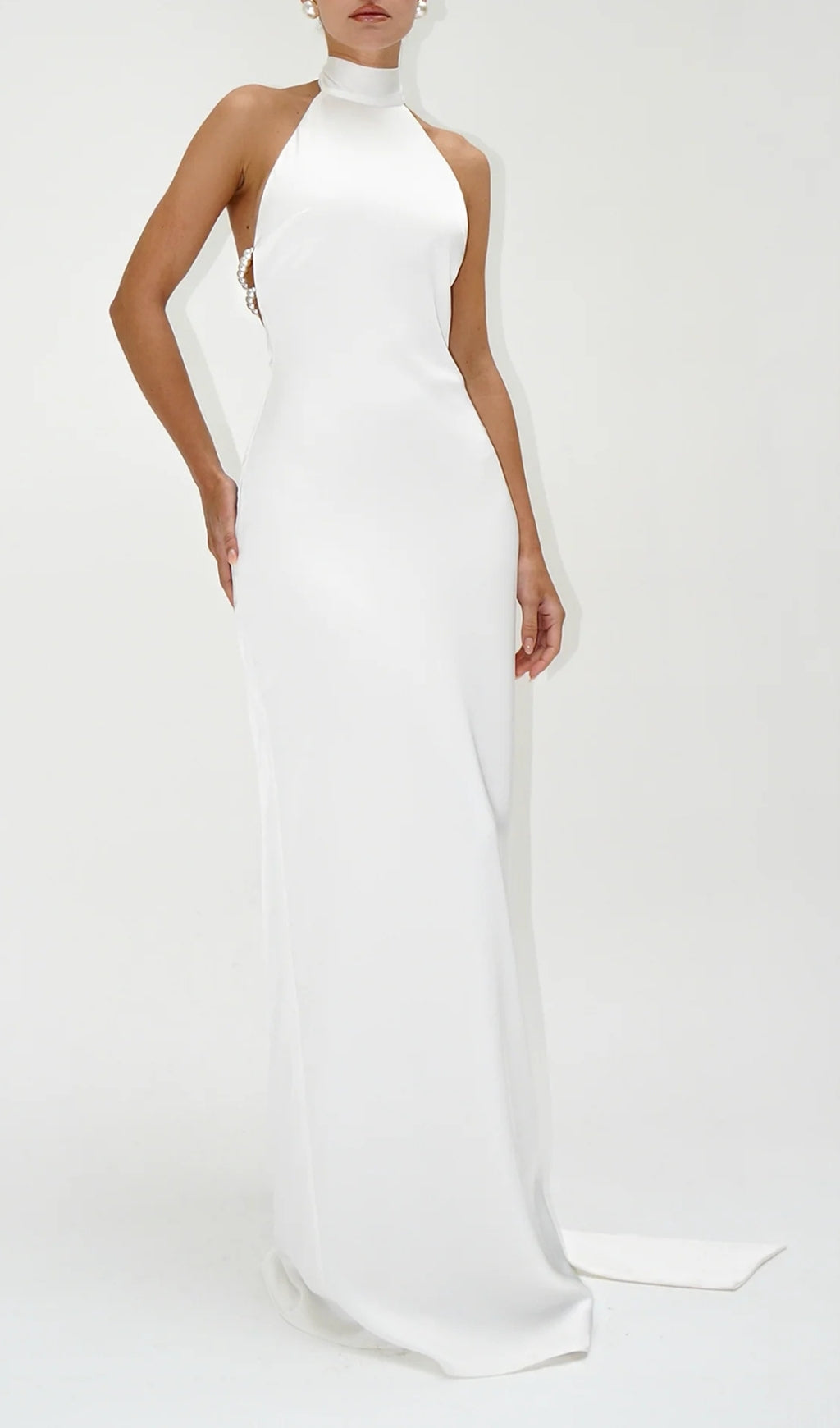 Fashionslee Women Birger White Halter Pearl Backless Maxi Dress
