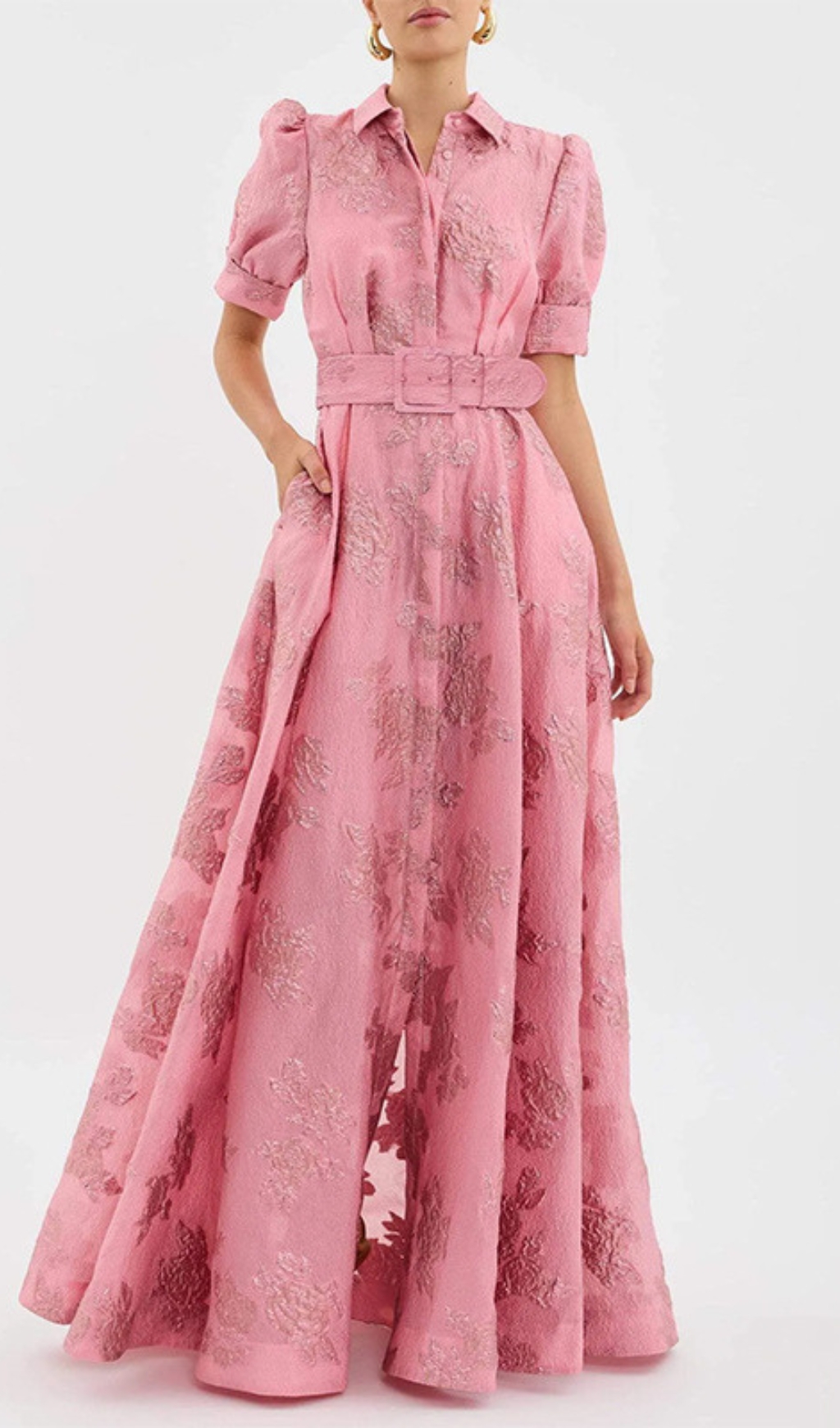 Fashionslee Women Cenobia Pink Embossed Belt Maxi Dress
