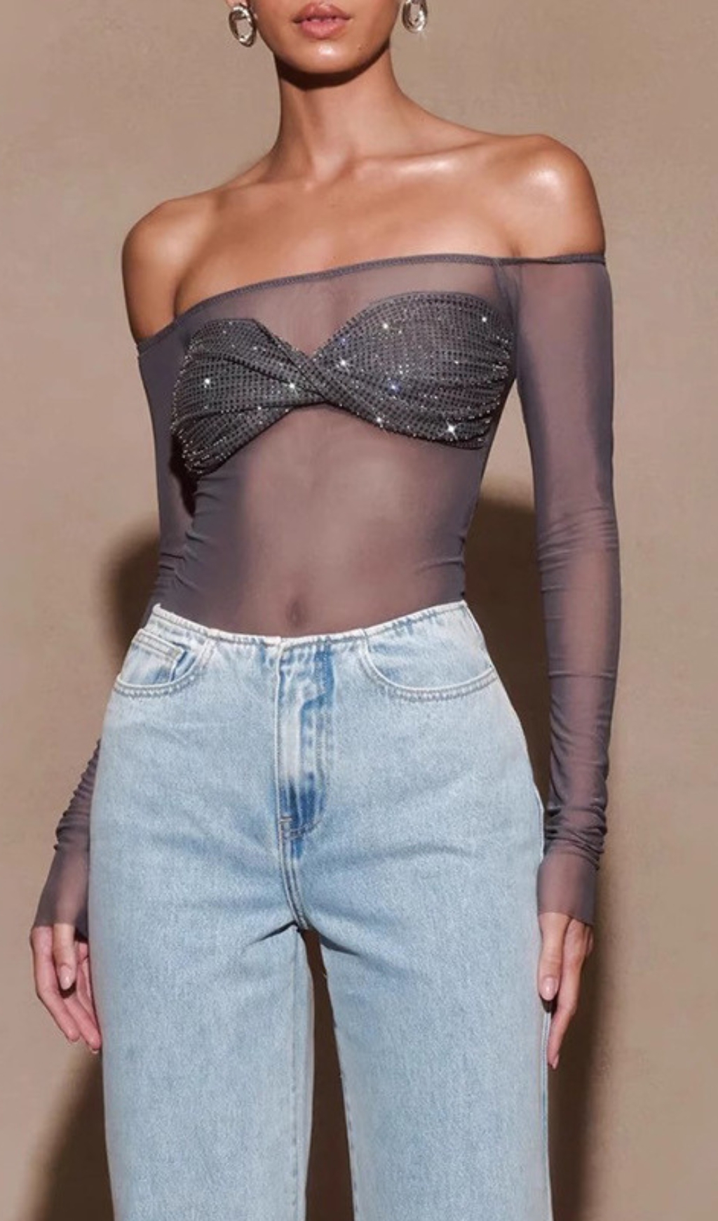 Fashionslee Women Edmundo Diamante Mesh Top