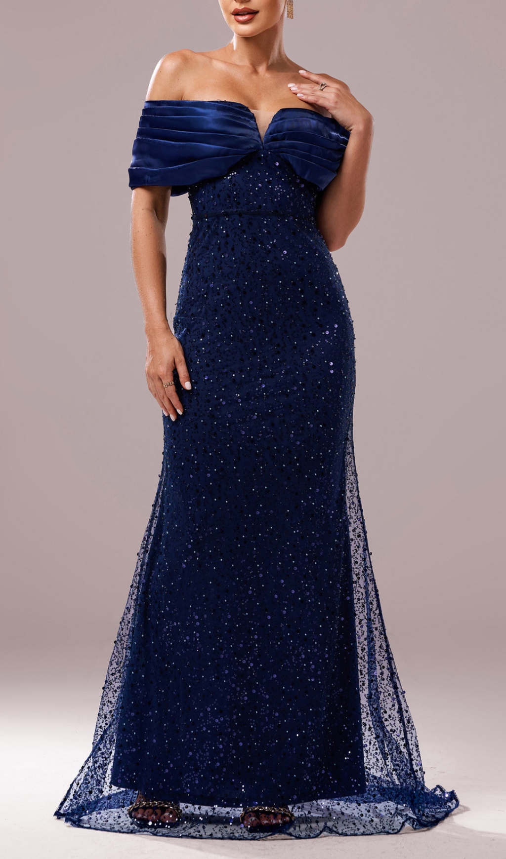 Fashionslee Women Dorit Navy Off-Shoulder Sequin Maxi Dress