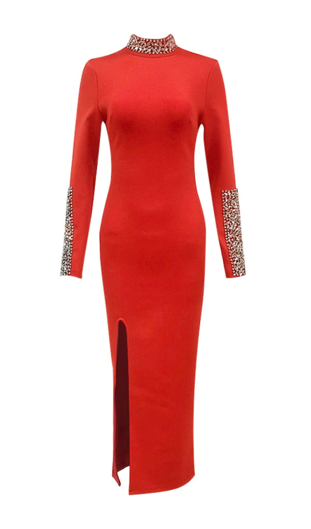 Fashionslee Women Bridie Red Long Sleeve Crystal Midi Dress