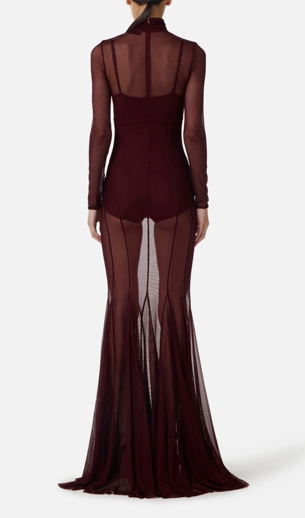 Fashionslee Women Kassie Wine Mesh Long Sleeve Maxi Dress