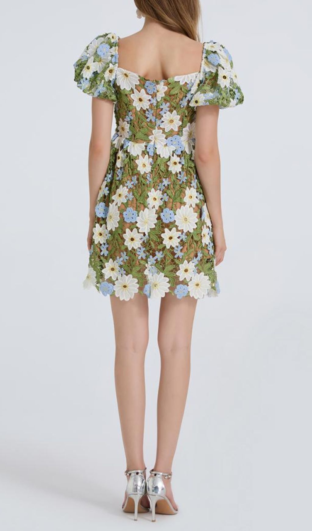 Fashionslee Women Fiducia Green Flower Embroidery Puff Sleeve Mini Dress