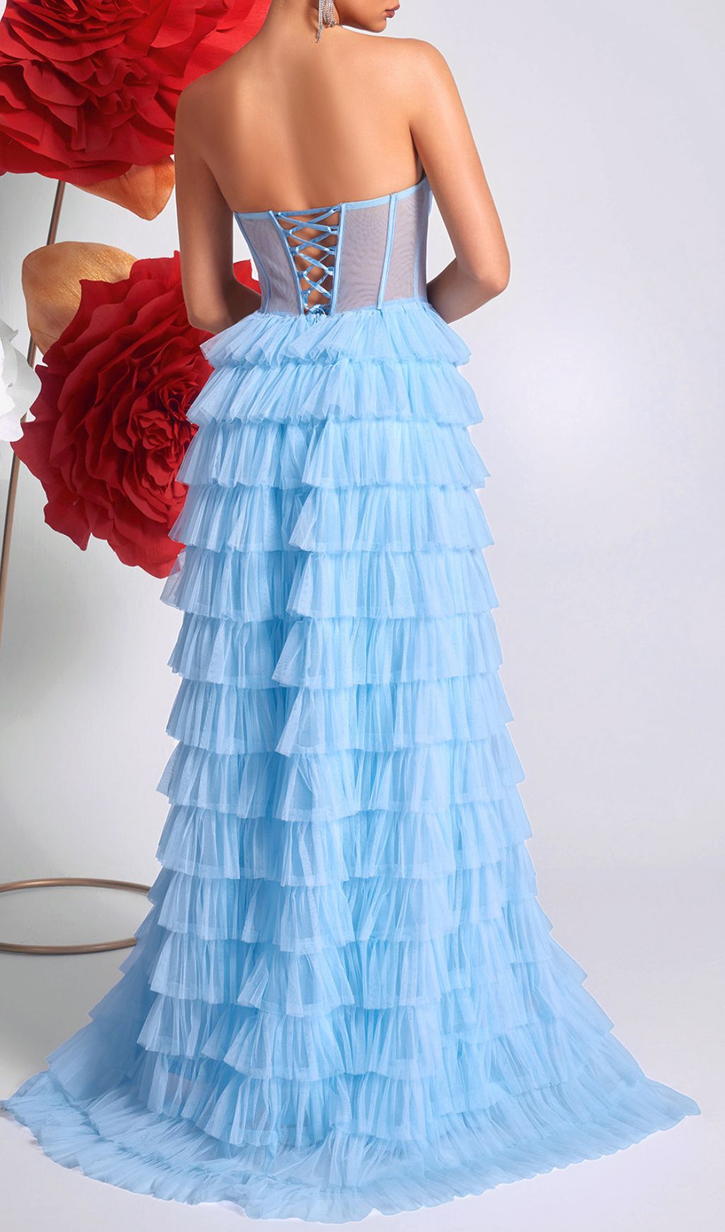 Fashionslee Women Kaida Blue Strapless Corset Mesh Maxi Dress