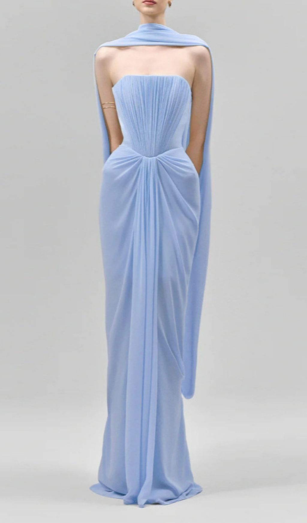 Fashionslee Women Kayley Blue Strapless Pleated Maxi Dress With Shawl
