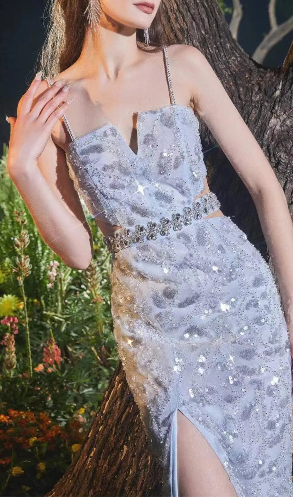 Fashionslee Women Mesh Diamond Cut-Out Waistless Sequin Splid Dress In Light Blue