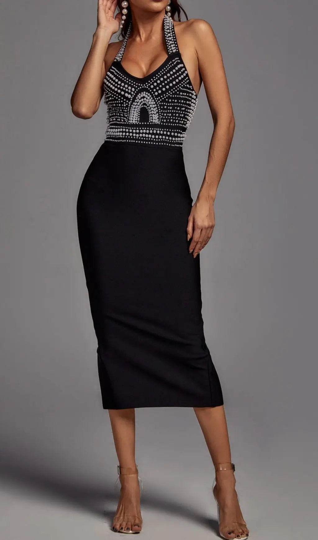 Fashionslee Women Black Pearl Halter Bandage Midi Dress