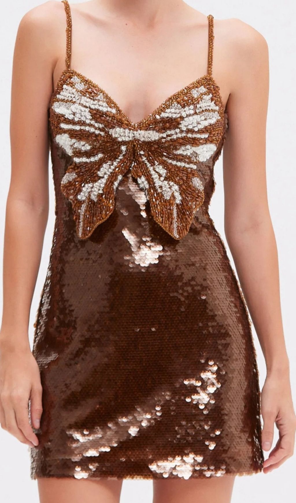 Fashionslee Women Kyveli Brown Strappy Butterfly Sequin Mini Dress