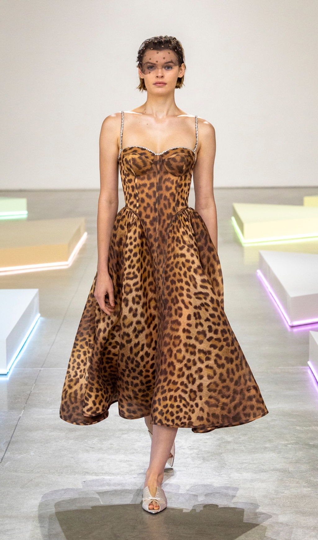 Fashionslee Women Animal Print Crystal Bustier A Line Midi Dress