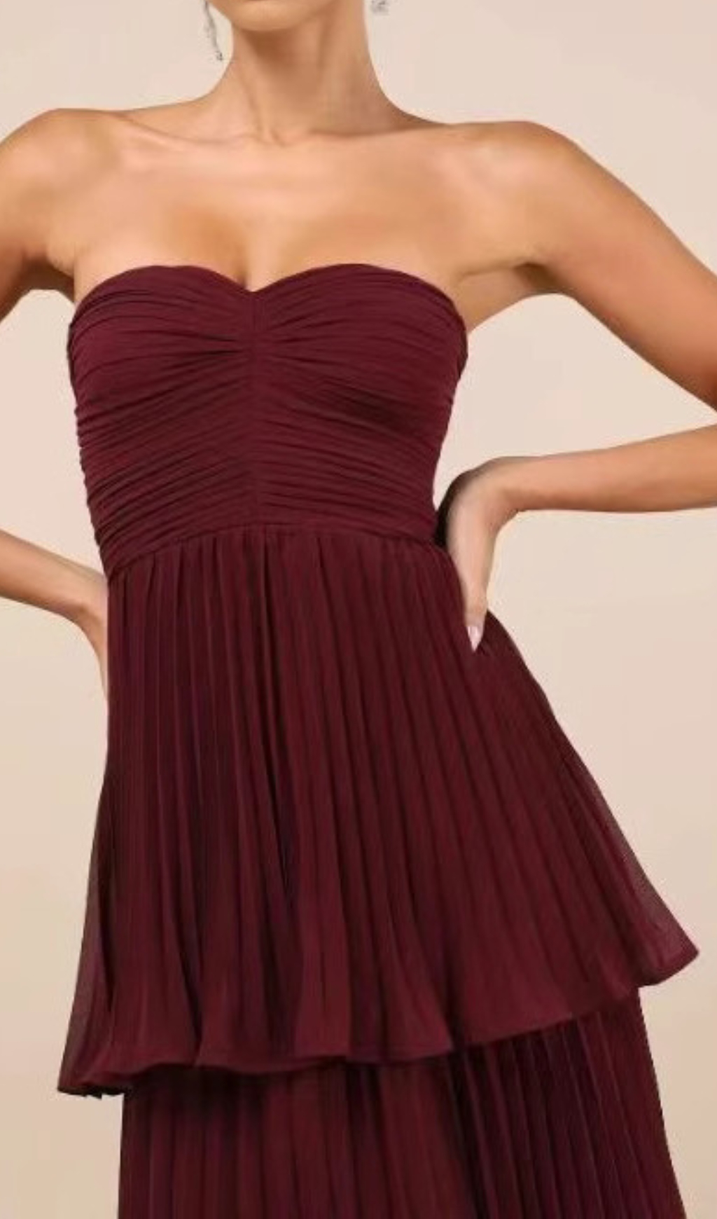 Fashionslee Women Ensio Wine Strapless Pleated Maxi Dress