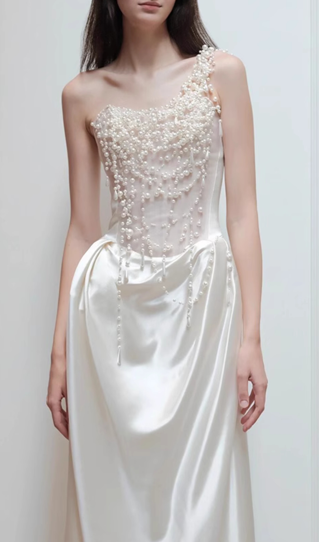 Fashionslee Women Cali White Pearl One-Shoulder Wedding Dress