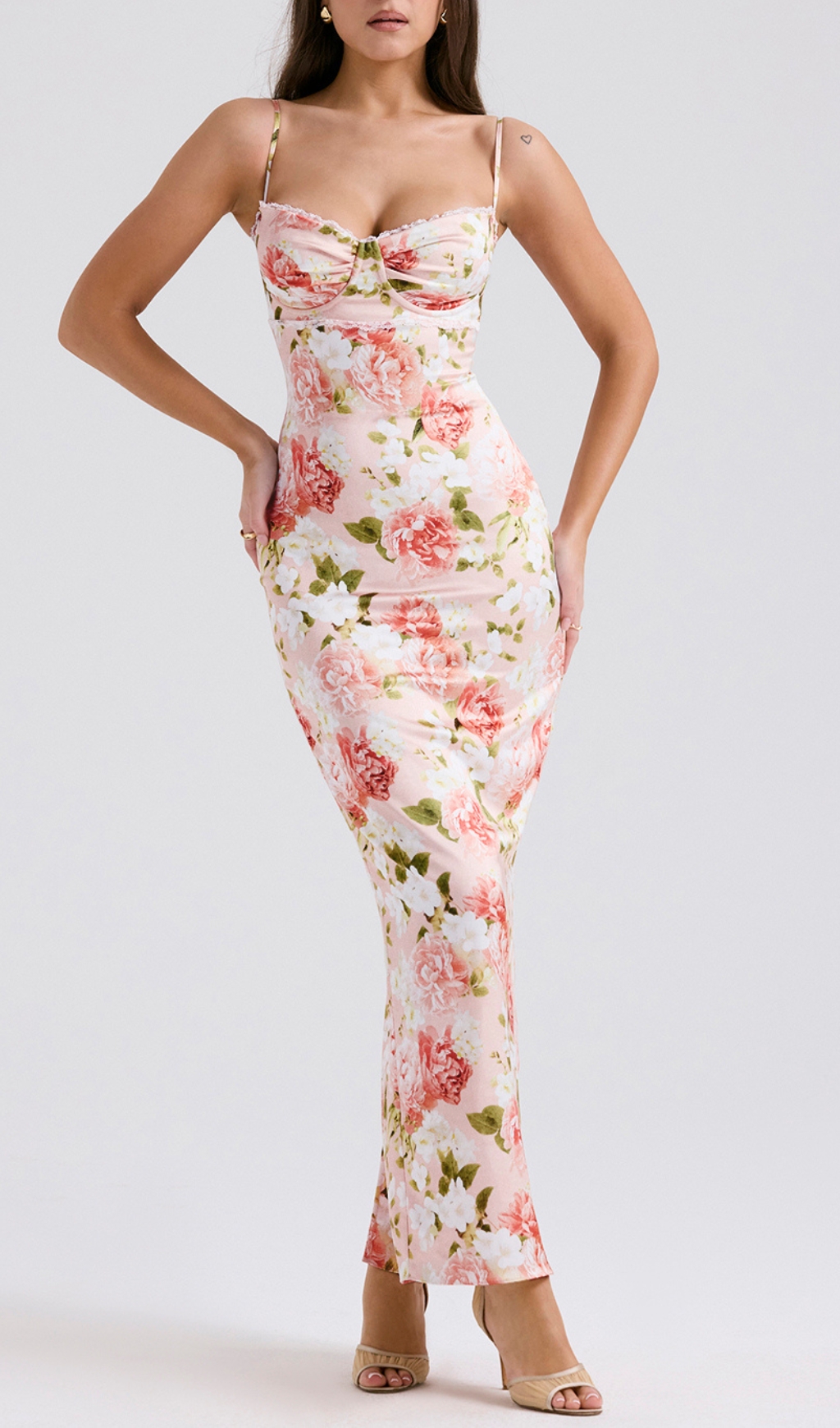 Fashionslee Women Beasley Pink Peony Print Slit Maxi Dress