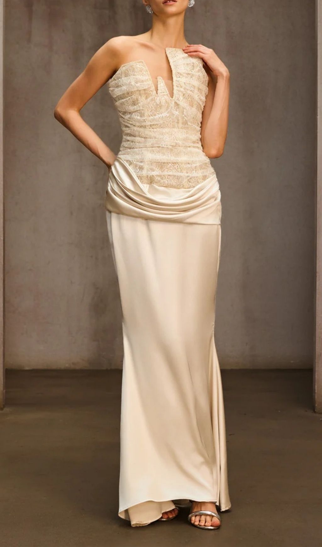 210441a3267867161d312d6f85ab2cda.jpg Fashionslee Women Nyrionyx Strapless Lace Draped Maxi Dress