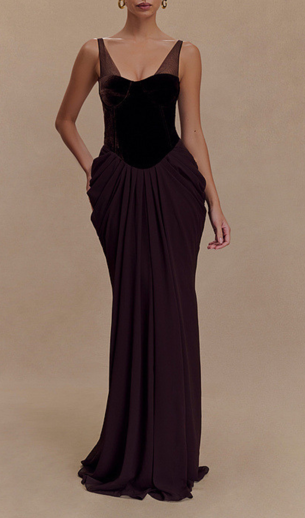 2131933ccaae9ffad9bfdcc772cdb3ae.jpg Fashionslee Women Dericia Velvet Bustier Draped Maxi Dress