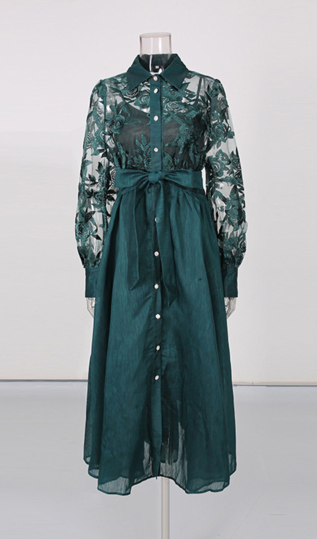 Fashionslee Women Iyana Green Flower Embroidery Long Sleeeve Midi Dress