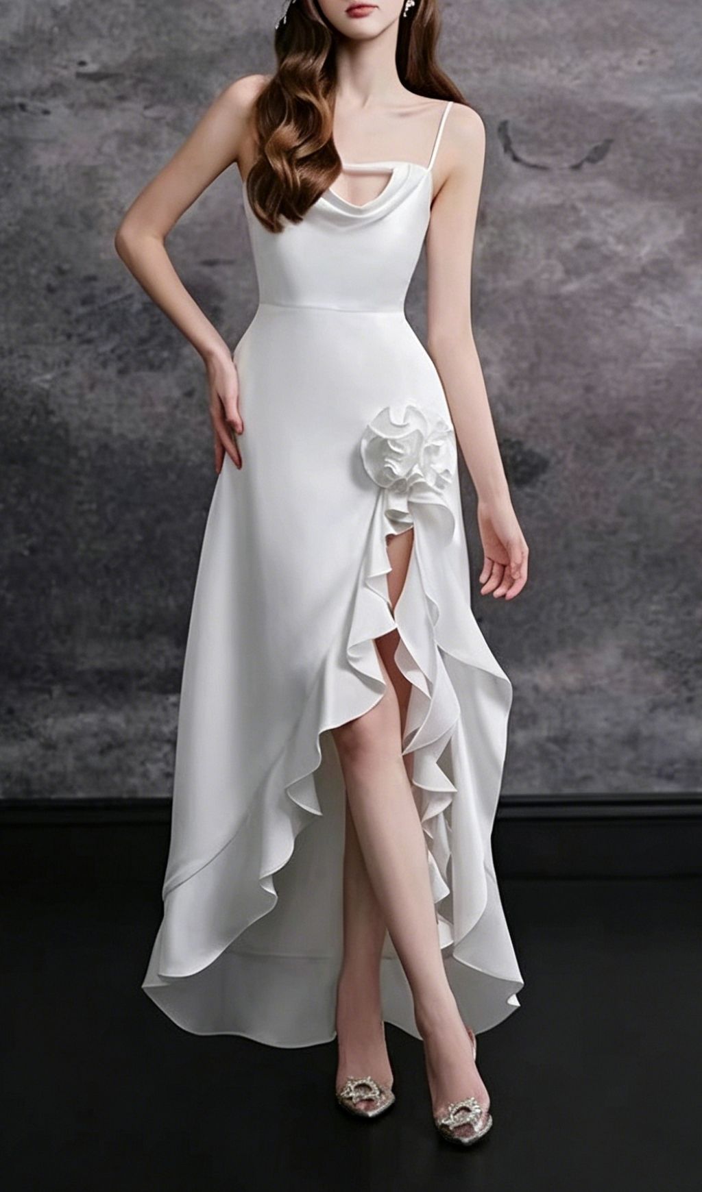 Fashionslee Women Kirana White Strappy Flower Ruffle Maxi Dress