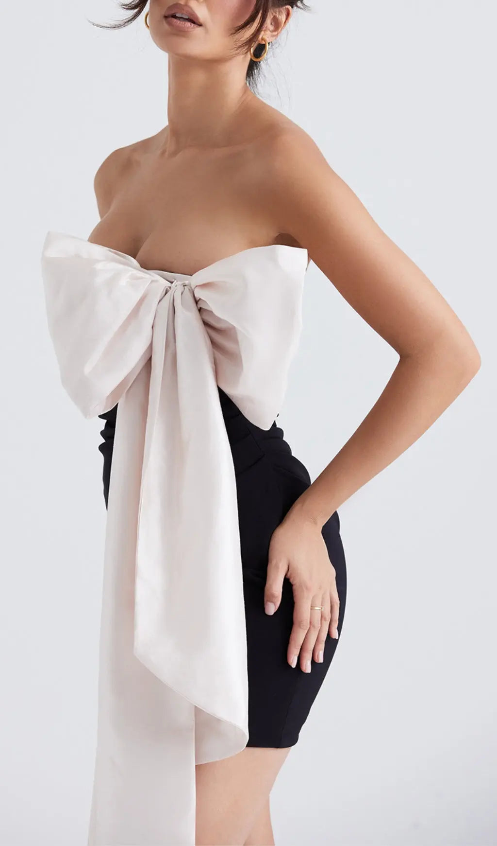 217190e3d111231fb98849e384107567.jpeg Fashionslee Women Black & Ivory Bow Mini Dress