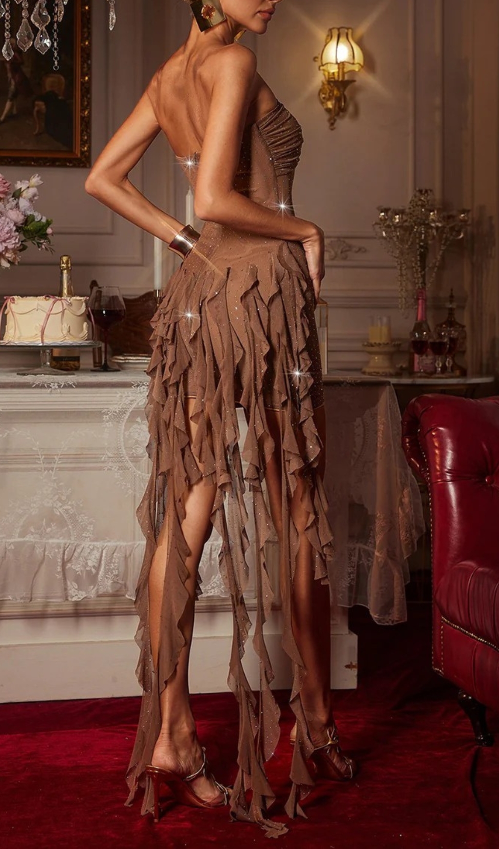 Fashionslee Women Chasca Strapless Crystal Draped Mesh Mini Dress