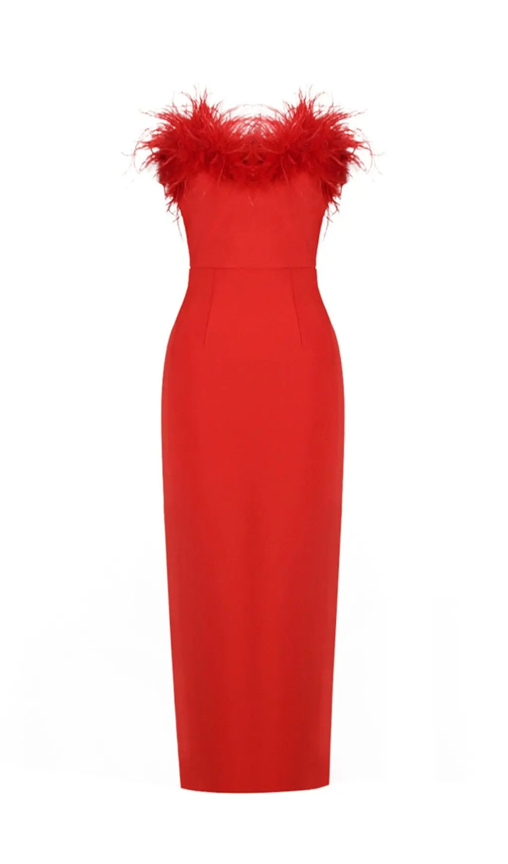 21a9464aa37b1c3ae129703cfb827da2.jpeg Fashionslee Women Stretch Strapless Feather Trimmed Gown In Red