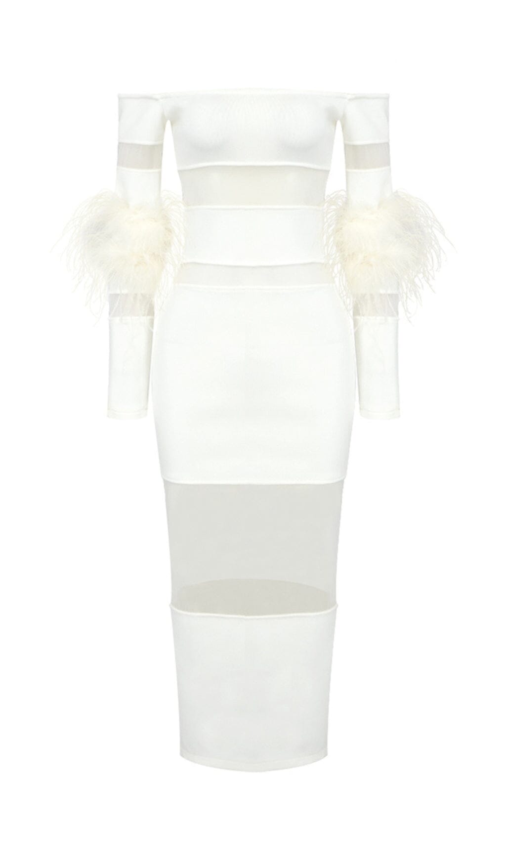 Fashionslee Women Bandage Off-Shoulder Feather Midi Dress In White