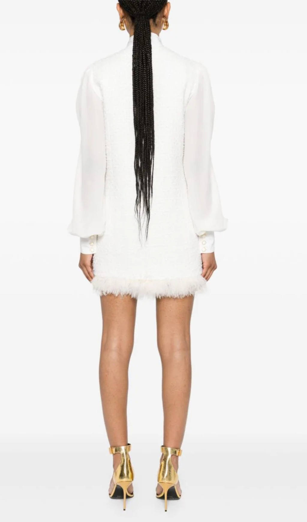 21d961ed14a04e7d432e2b1455fea61a.jpg Fashionslee Women Bush White Feather-Trim Tweed Mini Dress