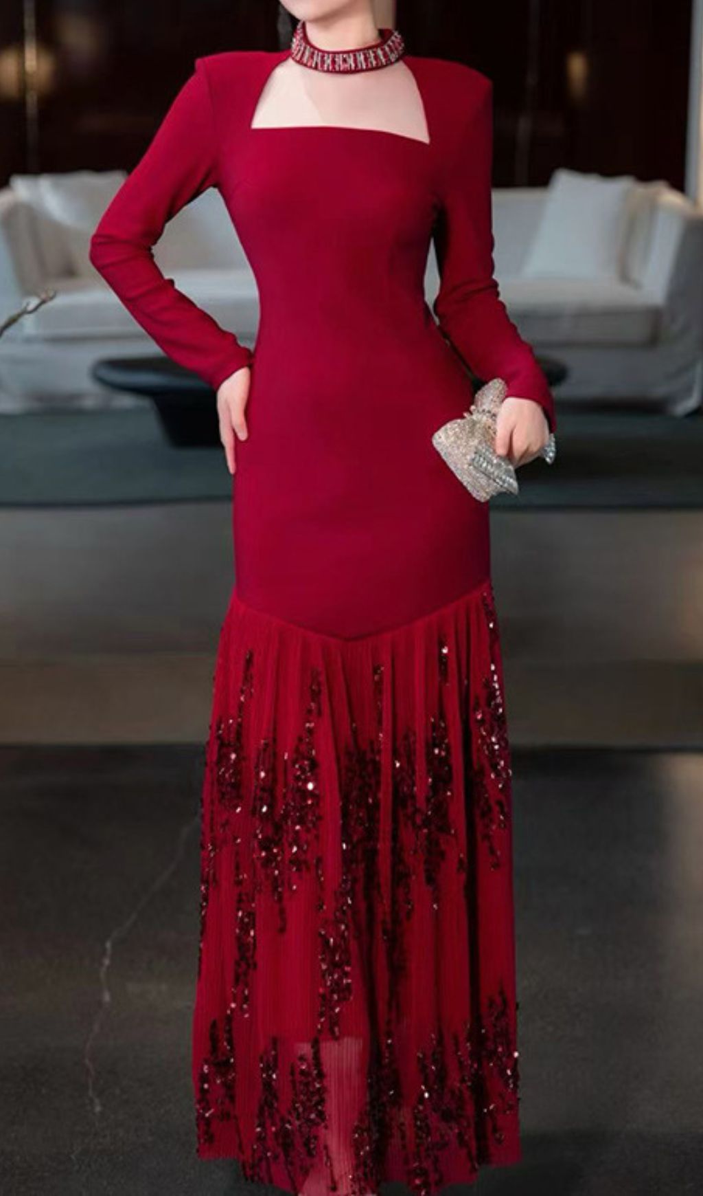 Fashionslee Women Ioana Red Long Sleeve Sequin Maxi Dress