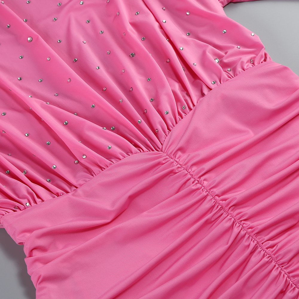 21e8f5e84a9ac0a8219f9046dafcd8e2.jpg Fashionslee Women Pink Long Sleeve Crystal Ruched Dress